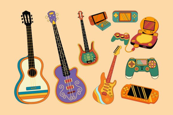 Pop Retro Video Game Consoles and Guitars SVG Set