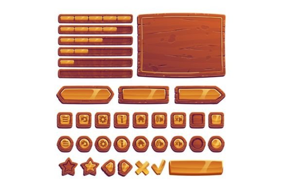 Wooden and Gold UI Buttons for Game Design